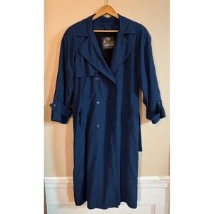 London Fog Towne Vintage Trench Coat Blue Belted Double Breasted Water Resistant